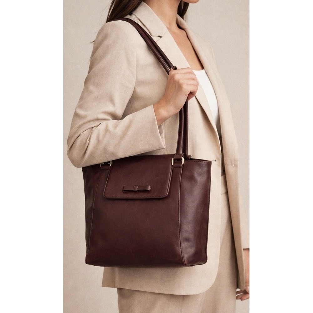 Burgundy Leather Shoulder Bag Bow Medium Tote Purse Old Money Preppy Minimalist